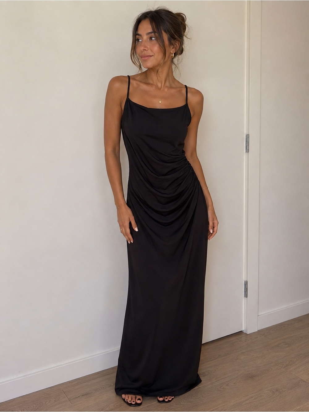SHEIN Black Ruched Slip Maxi Dress